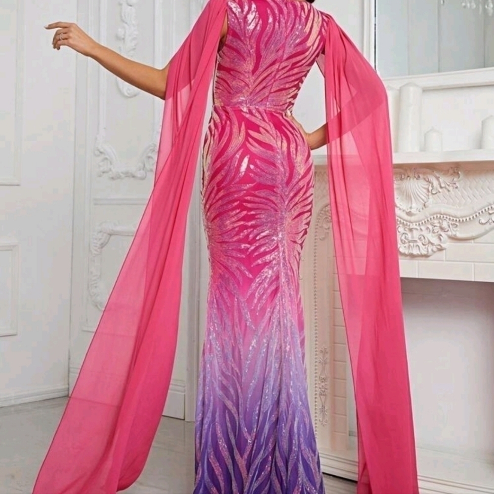 Multicolor Random Print,  Cloak, Sequined, Mesh Mermaid Maxi gown - Picture 4 of 10